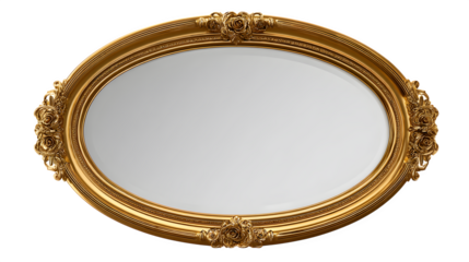 Exquisite ornate gold oval mirror with intricate rose detailing, adding elegance and vintage charm to any sophisticated interior design or luxury branding project.