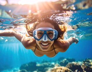 Fototapeta premium Woman snorkeling, happy underwater