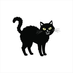 Cartoonish Black Cat with Arched Back and Yellow Eyes, Halloween or Spooky Aesthetic, Isolated on White Background
