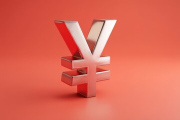 Fototapeta premium Symbol of Japanese yen displayed against a vibrant coral background for financial representation