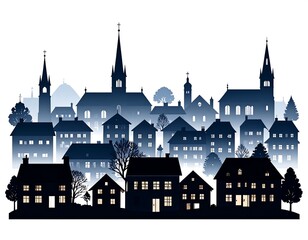 Fototapeta premium Silhouettes of a quaint European village at night