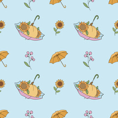 Seamless pattern with umbrella, pumpkins and flowers