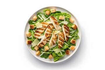 Delicious grilled chicken caesar salad with croutons and parmesan cheese served on an oval plate