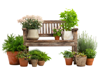 A rustic weathered wooden garden bench adorned with a variety of lush potted plants flowers and greenery.
