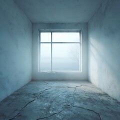 Obraz premium Empty room with cracked floor and bright window during early morning light