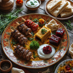 Traditional Turkish Adana kebab or kebap meat food, appetizers, raki and salgam on table from top view in turkish restaurant.