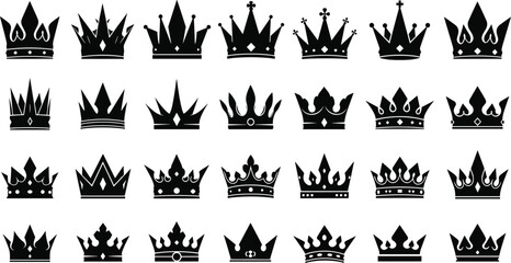 Royal crown silhouette collection, black vector crown icons set, elegant vintage king and queen crown illustrations for luxury, fashion, heraldry, and design
