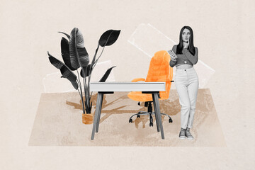 Artwork sketch image vertical collage of happy businesswoman run table workplace flower plant...