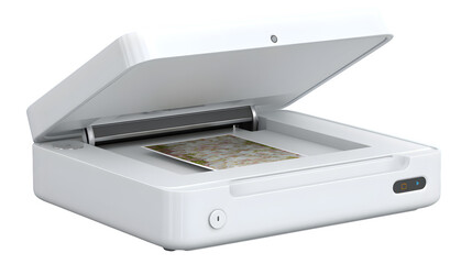 Modern white flatbed scanner capturing a vibrant image of delicate pink and white flower petals, perfect for digitizing memories and creative projects.
