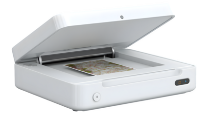 Modern white flatbed scanner capturing a vibrant image of delicate pink and white flower petals, perfect for digitizing memories and creative projects.