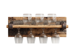 Rustic wooden wine rack with metal fittings holding tumblers and hanging wine glasses.