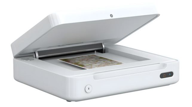 Modern white flatbed scanner capturing a vibrant image of delicate pink and white flower petals, perfect for digitizing memories and creative projects.