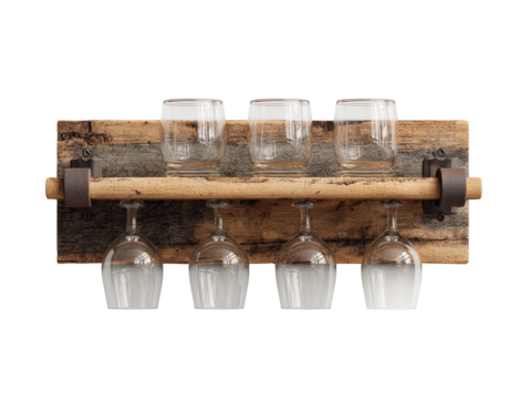 Rustic wooden wine rack with metal fittings holding tumblers and hanging wine glasses.