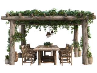 A rustic outdoor dining area featuring a weathered log pergola wooden table and chairs and lush green climbing plants.
