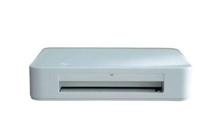 Sleek, modern white technology device with clean lines and subtle indicator light, perfect for home or office tech setups and digital lifestyle visuals.