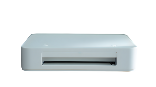 Sleek, modern white technology device with clean lines and subtle indicator light, perfect for home or office tech setups and digital lifestyle visuals.