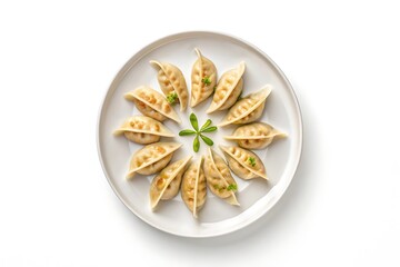 Deliciously arranged golden brown pan fried dumplings presented in a circular pattern on a white plate