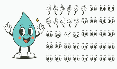 Retro 70s groovy comic style character faces with diverse emotions hands gloves glasses hats and shoes for decorative sticker sets and illustrations