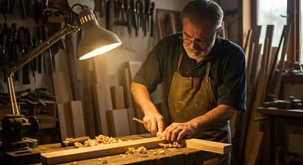 Carpenter handcrafting wood in a workshop lit by natural light, surrounded by vintage tools
