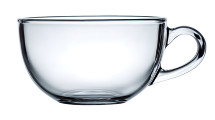 Elegant clear glass mug with comfortable handle, perfect for hot beverages like coffee, tea, or soup, showcasing pristine modern design for home or cafe