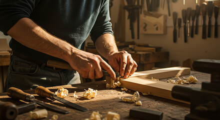 Carpenter handcrafting wood in a workshop lit by natural light, surrounded by vintage tools