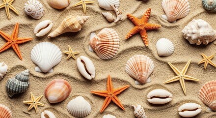 Seashells and starfish on sand beach background summer vacation concept top view flat lay perfect for design background