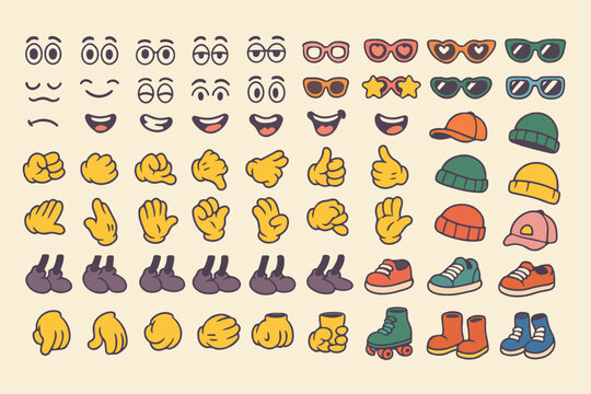 Retro 70s groovy comic style character faces with accessories and emotions for decorative use