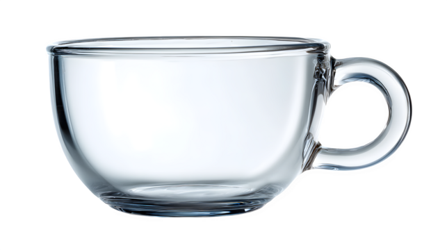 Crystal clear glass mug, elegant design, perfect for coffee, tea, or hot beverages, offering a pristine and refreshing drinking experience for modern homes and cafes