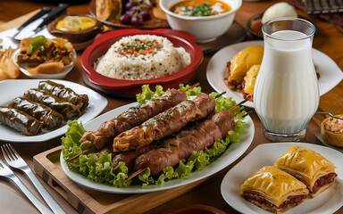Traditional Turkish Adana kebab or kebap meat food, appetizers, raki and salgam on table from top view in turkish restaurant.