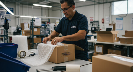 Worker packing order with bubble wrap and tape at a packing station
