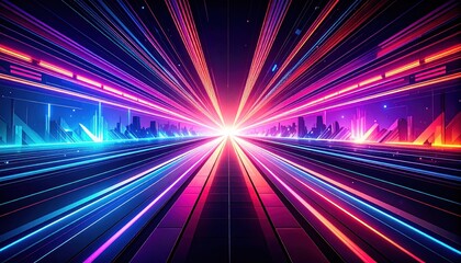 Abstract digital tunnel with futuristic neon light effects and city silhouette in glitch style