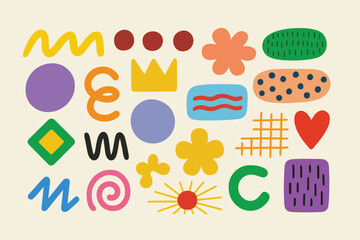 Vibrant collection of abstract retro organic shapes including clouds flowers sparkles and mountains in a funky groovy and cute hippie style perfect for banners and prints