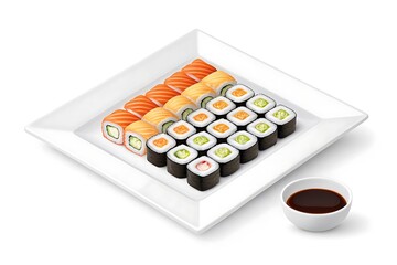 Delicious assortment of fresh sushi rolls with salmon and avocado served on a white plate with soy sauce
