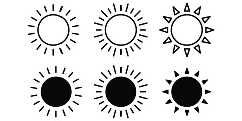 set of black and white sun icon. 