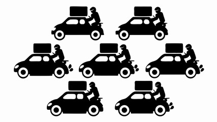 Fototapeta premium Illustration showing multiple cars with boxes on top and a person on a scooter behind each 100 char