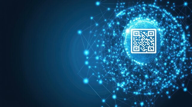 Modern digital technology concept: Futuristic QR code connection with glowing dots and lines