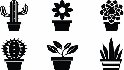 Naklejka premium Black and white vector illustration of six potted plants including cacti and flowers in pots design