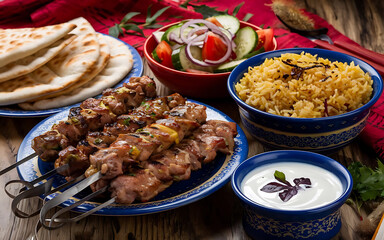 Traditional Turkish Adana kebab or kebap meat food, appetizers, raki and salgam on table from top view in turkish restaurant.
