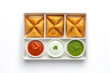 Golden samosas served with three delicious dips including red tomato chutney and green mint chutney