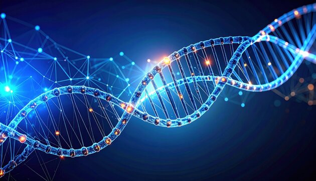 Abstract DNA Strand Rotating With Glowing Blue Data Points Against Dark Background