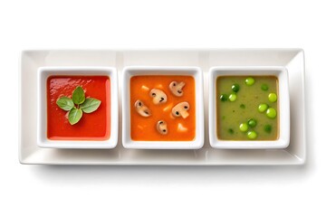 Three colorful and delicious gourmet soups served in white square bowls on a white rectangular platter