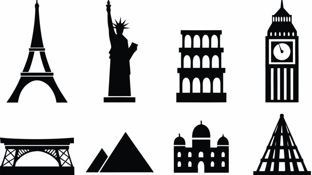 Black silhouettes of famous world landmarks including eiffel tower and statue of liberty and more