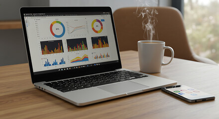 Fototapeta premium Workspace with a laptop showing social media engagement charts, coffee beside it, and a smartphone with an open app