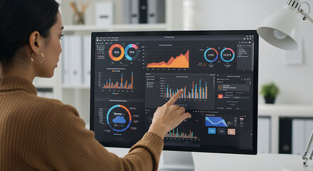 Professional adjusting online ads on a large screen with colorful charts and visible social media campaigns