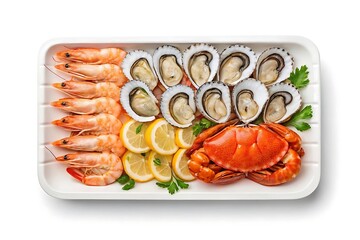 Freshly prepared seafood platter featuring cooked shrimp raw oysters lemon slices and a whole cooked crab