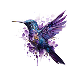 Obraz premium Purple hummingbird with painterly art style on black, suited for posters, branding, or graphic design.