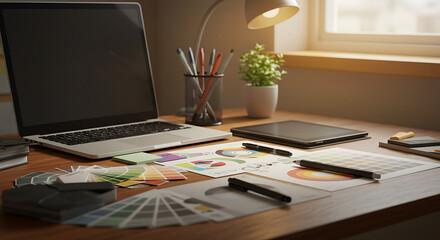 Graphic designer’s desk with a digital tablet, laptop, special pens, and Pantone color samples