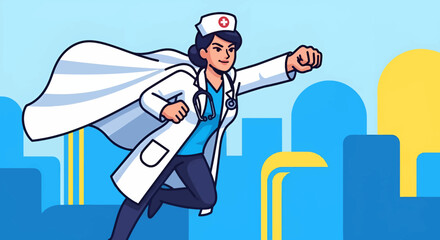 Supernurse in flight, cape billowing, cityscape background, heroic pose.