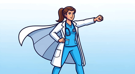 A determined female doctor in a superhero pose, ready to help.