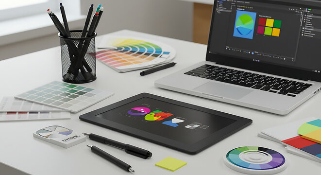 Graphic designer’s desk with a digital tablet, laptop, special pens, and Pantone color samples